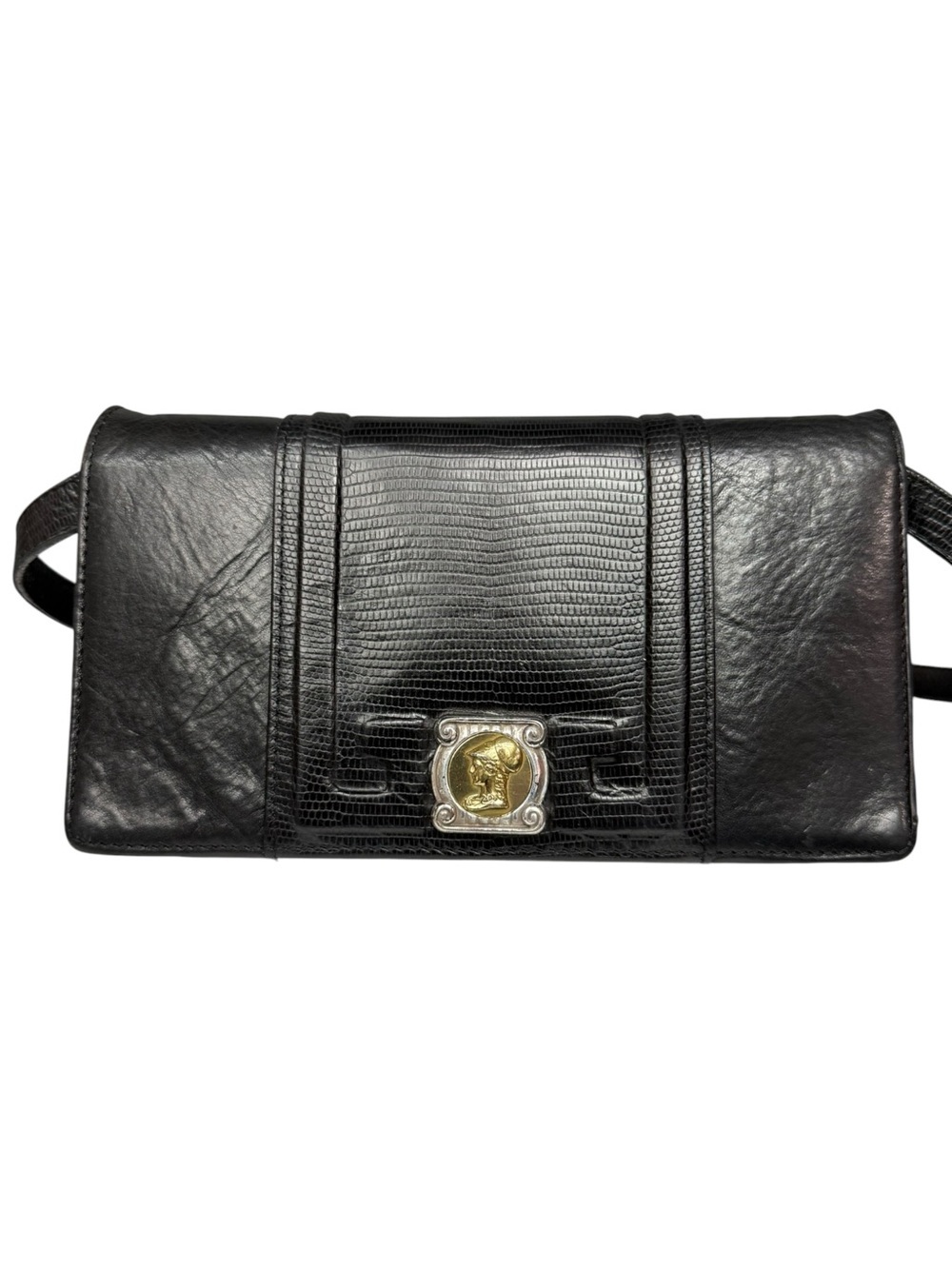 Vintage Brighton Black Leather Organizer Wallet Crossbody Clutch Medallion